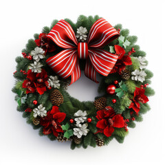 Fototapeta na wymiar Classic Christmas wreath adorned with a luscious red ribbon embodies the festive spirit of the holiday season
