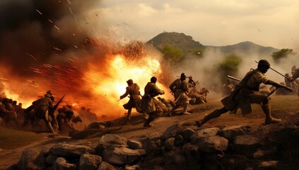 Military, men and war with field fire and danger, gun for target and battlefield - obrazy, fototapety, plakaty