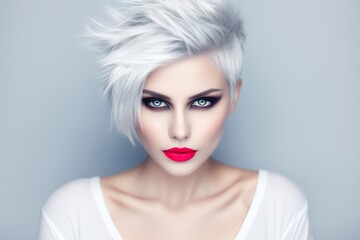 Fashion portrait of young beautiful woman with short white hair. Red lips.