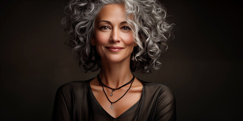 Portrait of a beautiful smiling biracial woman with grey hair on a dark background. Mature woman for beauty and cosmetics skincare advertising concept - Powered by Adobe