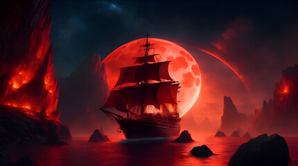 Pirate ship sailing on the ocean at sunset