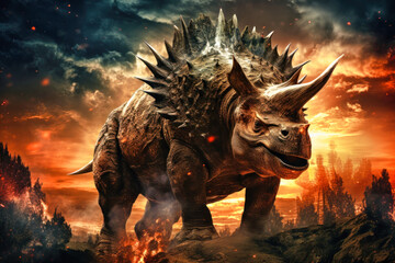 A terrible dinosaur Triceratops with an open huge mouth against a background of fire and smoke in...