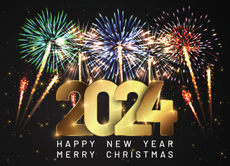 Happy new 2024 year Elegant text with light effect and fireworks.