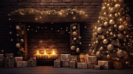 Christmas Fireplace Scene. Generative AI