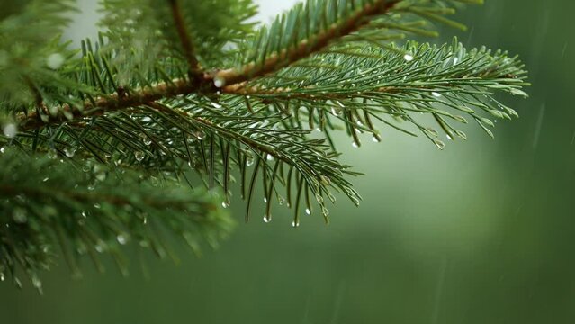 Water Droplets on Green Pine Branch. Raining Shower in Dense Forest, Close-up of Rainfall. Raining day in Coniferous Forest. Slow Motion Rain Drops on Pine Leaf. Heavy Rain Falling Fir Tree Branch. 