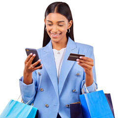 Shopping bag, woman with phone and credit card isolated on transparent png background for online...