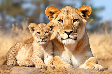Fototapeta premium The African mother lion and her little young cub together in the savanna field, wildlife parent's care taking. Generative AI.