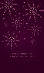 Luxury Merry Christmas and Happy New Year greeting postcard with glowing snowflakes on red background. Premium Corporate Holiday card and invitation.