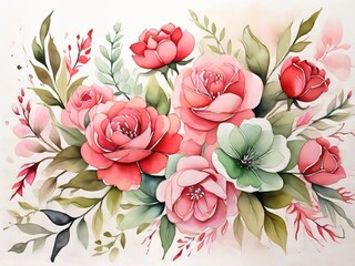 fondo de una pintura de acuarela con flores en tonos rosas, rojos - obrazy, fototapety, plakaty