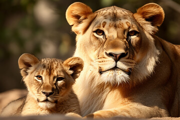 Obraz premium The African mother lion and her little young cub together in the savanna field, wildlife parent's care taking. Generative AI.