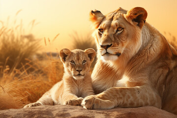 The African mother lion and her little young cub together in the savanna field, wildlife parent's...