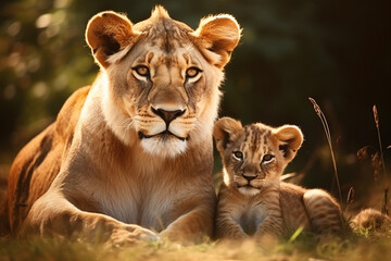 Obraz premium The African mother lion and her little young cub together in the savanna field, wildlife parent's care taking. Generative AI.