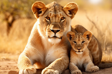 Obraz premium The African mother lion and her little young cub together in the savanna field, wildlife parent's care taking. Generative AI.