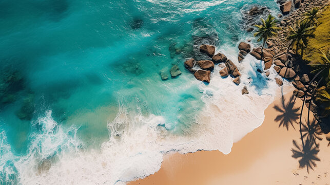 Aerial view of a beautiful island beach at sea with clear turquoise water.Beach holidays pictures Drone views of beach