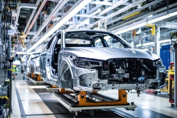 Car production line. Assembling a car on a conveyor belt. Close-up of a car body. Automotive industry Interior of a high-tech factory, modern production.