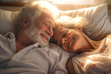 An elderly couple in love, a man and a woman, are lying in bed. Love and romance. Family idyll. Happy morning for lovers. Valentine's Day.