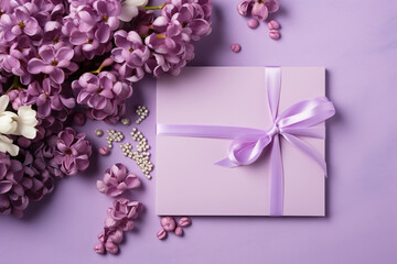 Congratulatory background with lilac branches and a gift on the table, top view. Card for Mother's Day, March 8, birthday. Generative AI
