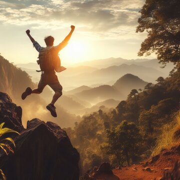 Happy man with arms up jumping on the top of the mountain. Successful hiker celebrating success on the cliff - Life style concept with young male climbing in the forest pathway. Generative AI