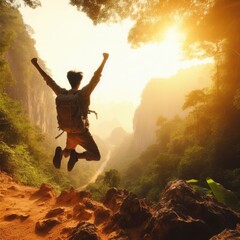 Happy man with arms up jumping on the top of the mountain. Successful hiker celebrating success on the cliff - Life style concept with young male climbing in the forest pathway. Generative AI