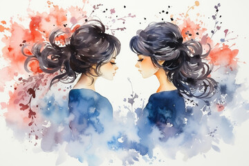 Two twin girls with flowers in their hair look at each other. Watercolor drawing. Generative AI - obrazy, fototapety, plakaty