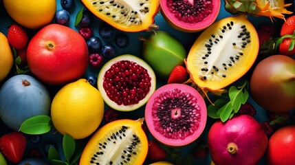 Vibrant assortment of exotic fruits, including cross-sections of dragon fruit, kiwi, and pomegranate, interspersed with berries and citrus, creating a rich tapestry of textures and colors.