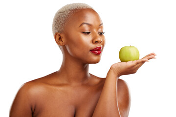 Black woman, hand or apple for skincare, health or diet nutrition for wellness, beauty or fruit....