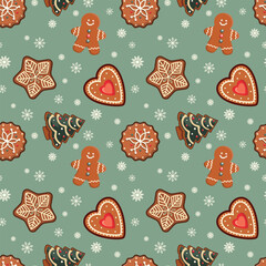 Christmas gingerbread cookies seamless pattern on green background. Winter holiday bakery Vector winter season pattern. Merry Christmas and New Year design