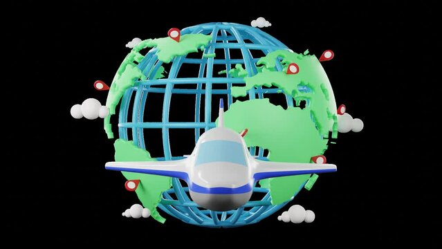 World map and plane 3D animation on transparent background, World planet, world tour, green globe , world tour and check-in 3D rendering.	