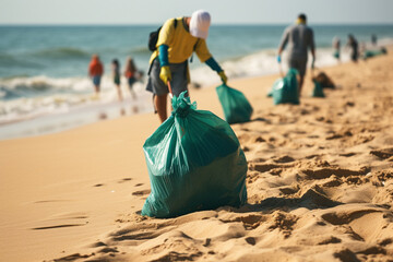 The shot of a group of environmentalists and volunteer people with plastic bags collecting trash and cleaning the beach. Generative AI.