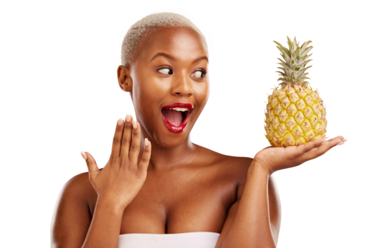 Pineapple, surprise and beauty of woman for healthy food, diet or fruit with natural cosmetics. Black person, model and makeup for glow, skincare benefits and isolated on transparent png background