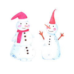Hand drawn watercolor snowman in a hat. Christmas illustration isolated on white background. Can be used for card, label, scrapbook and other printed products.