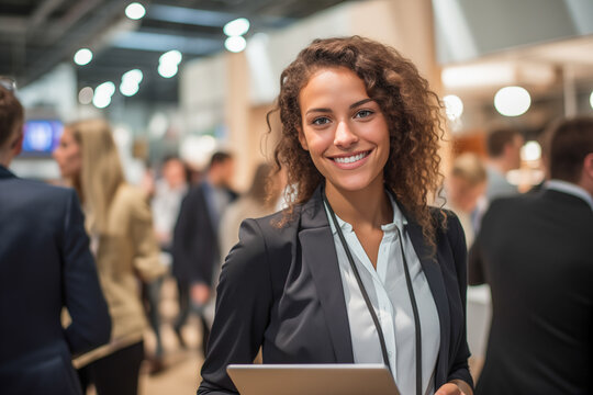 Smiling businesswoman using a digital tablet at a modern corporate event, exemplifying professionalism and connectivity in a multicultural setting.