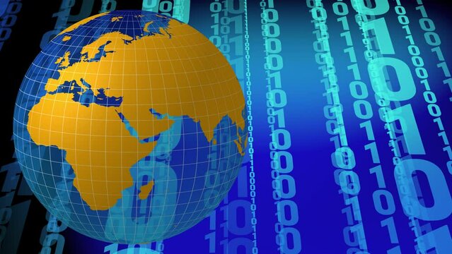 Global cyber warfare and harmonious of binary code, algorithm, and rotating globe, interconnected rhythm of defense against cyber warfare in global technology landscape