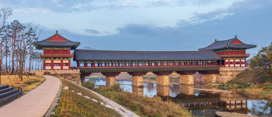 Gyeongju, South Korea - November 20 2022 "Woljeong Bridge during the sunrise"