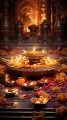 Naklejka premium Lit floral candles on calm waters with ancient temple silhouette in the background. Cultural nighttime events.
