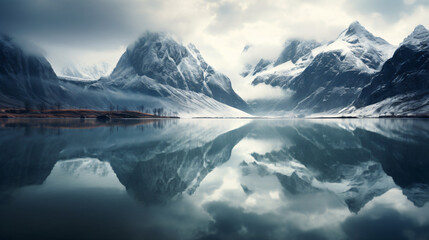A mountain range is reflected in the water