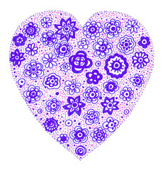 Heart isolated on white background. Filled with decor. Doodle. Blue flowers of different shapes. Pink, blue, purple dots. Line drawings of flowers and circles. Love card, Valentine's Day, wedding.