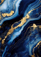Luxurious navy blue ink marble-like abstract texture with golden dust and agate stone swirls and veins , generated by AI