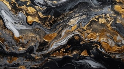 Luxurious black gold ink marble-like abstract texture with golden dust and agate stone swirls and veins , generated by AI - obrazy, fototapety, plakaty