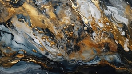 Luxurious black gold ink marble-like abstract texture with golden dust and agate stone swirls and...