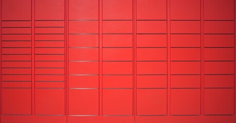 Simple  red parcel locker, automated parcel machine postal box compartment doors grid , frontal shot, front view, nobody. Post packages delivery service concept, parcels.