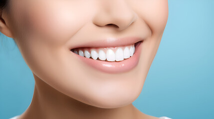 Fototapeta premium Close - up cropped of a beautiful smiling woman with white perfect teeth isolated on blue studio background with copy space. Dental care. Stomatology. Dentistry concept.