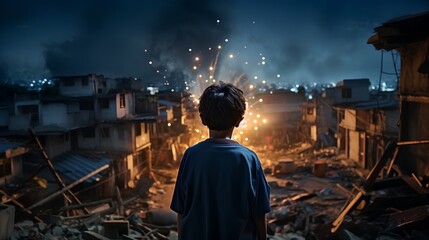 A young child stands in the foreground, gazing somberly at the ruins of a house demolished by a recent bombing in a wartorn city, reflecting the tragic impact of conflict on children.