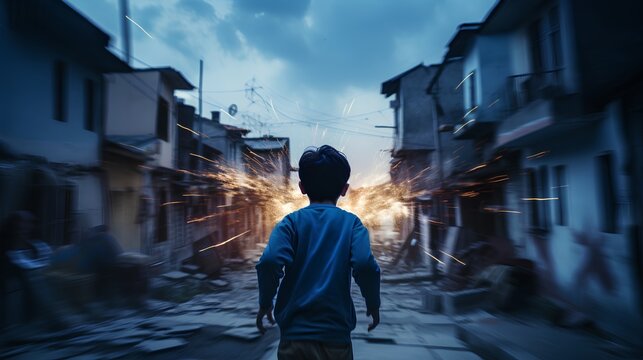 A powerful and evocative image depicting children in a wartorn environment, showcasing the innocence of youth amidst the chaos and destruction of conflict.