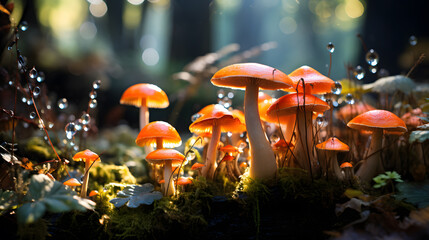 A visual symphony of various mushroom species harmoniously growing together in a pristine forest, highlighting the coexistence of diverse fungi. - obrazy, fototapety, plakaty