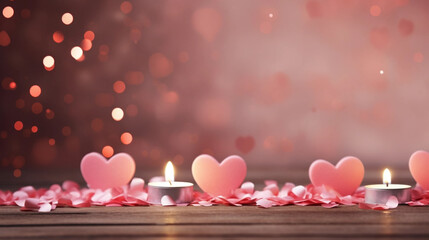 copy space, stockphoto, beautiful valentine background with some candles and romatic colors. Romantic backbround or wallpaper for valentine’s day. Beautiful design for card, greeting card. - obrazy, fototapety, plakaty