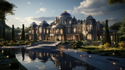 Luxurious 3D-rendered mansions showcasing opulence in premium metaverse properties  - obrazy, fototapety, plakaty