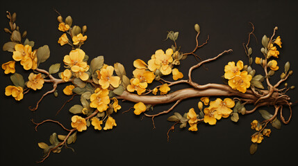 A painting of a branch with yellow flowers