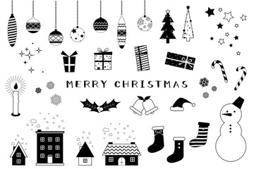 かわいいクリスマスのイラストセット-白黒