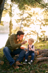 Dad feeding a little girl from a lunch box with a spoon while sitting on logs in the forest